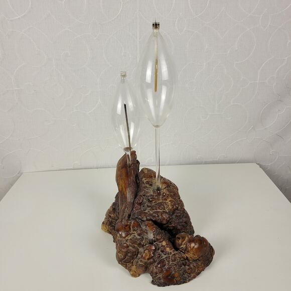 Vintage Oil Candle Lamp Burl Root Designs Glass Lantern Wood Base MCM Retro - Picture 5 of 16